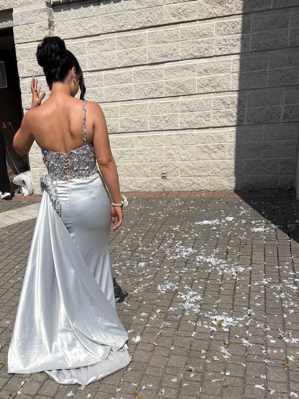 Silver One-Shoulder Evening Gown with Sequin Detail - Picture 2 of 3
